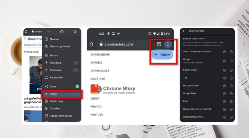 Chrome shows a button to follow websites