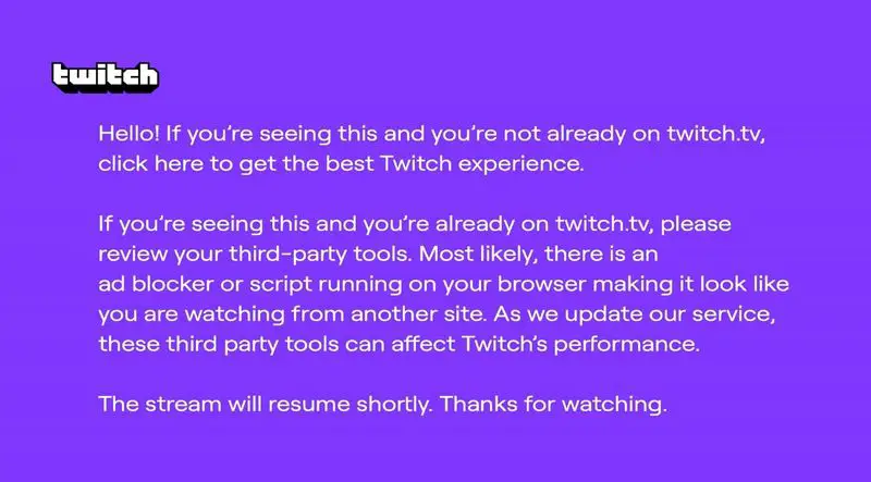 Twitch is showing this purple screen in the middle of streams to AdBlock users