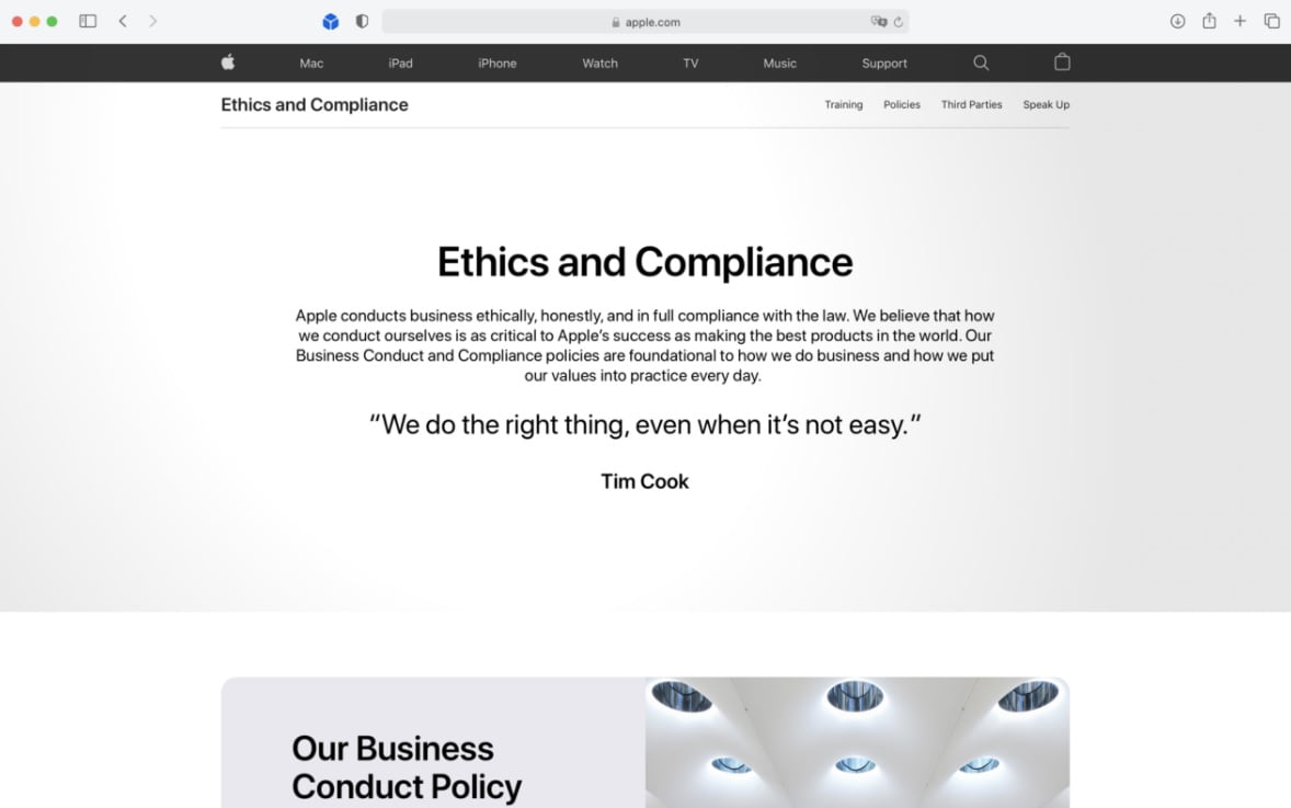Appleはという新しいウェブページを立ち上げました "倫理とコンプライアンス" 行動方針について