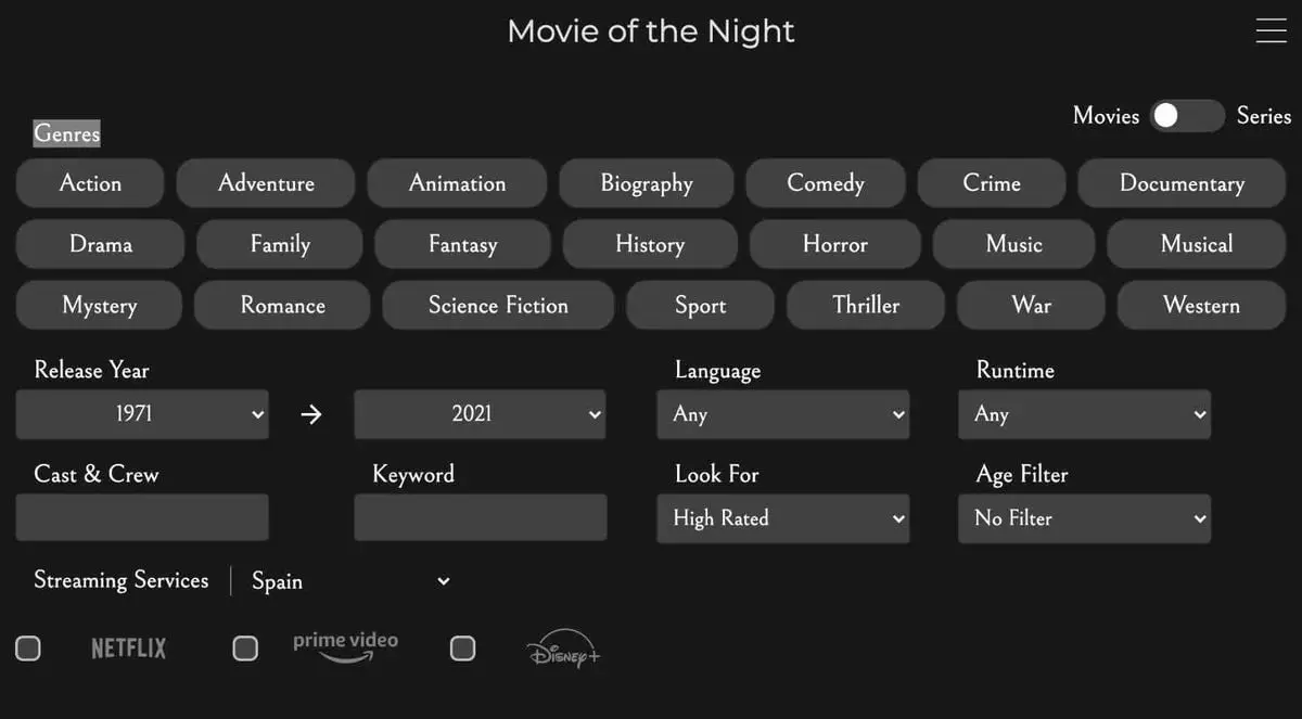 Movie of the Night: A movie and series search engine that unifies streaming platforms