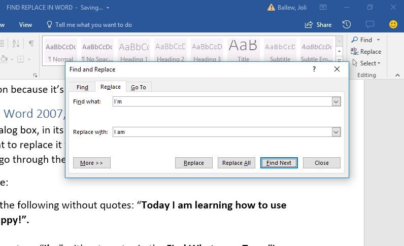 How to find and replace a word in MS Word?