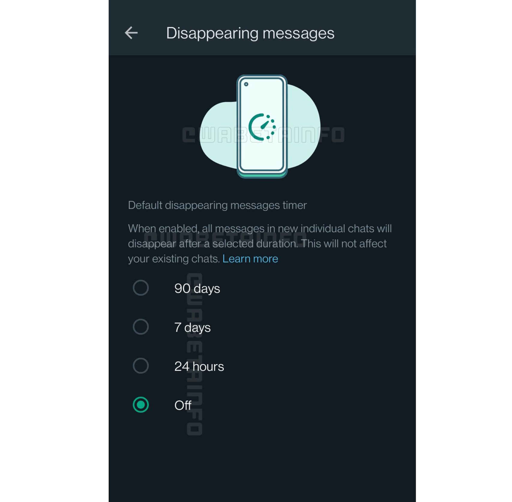 WhatsApp offers four timer options for disappearing messages
