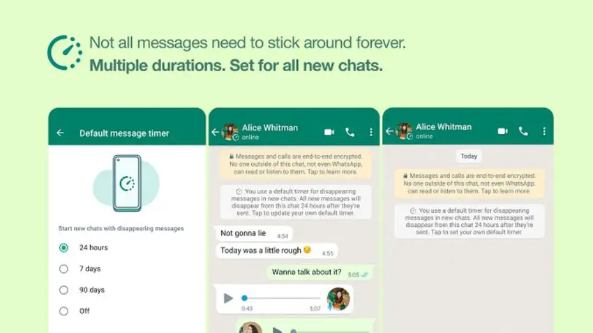 WhatsApp added new auto-delete options: Default Message Timer