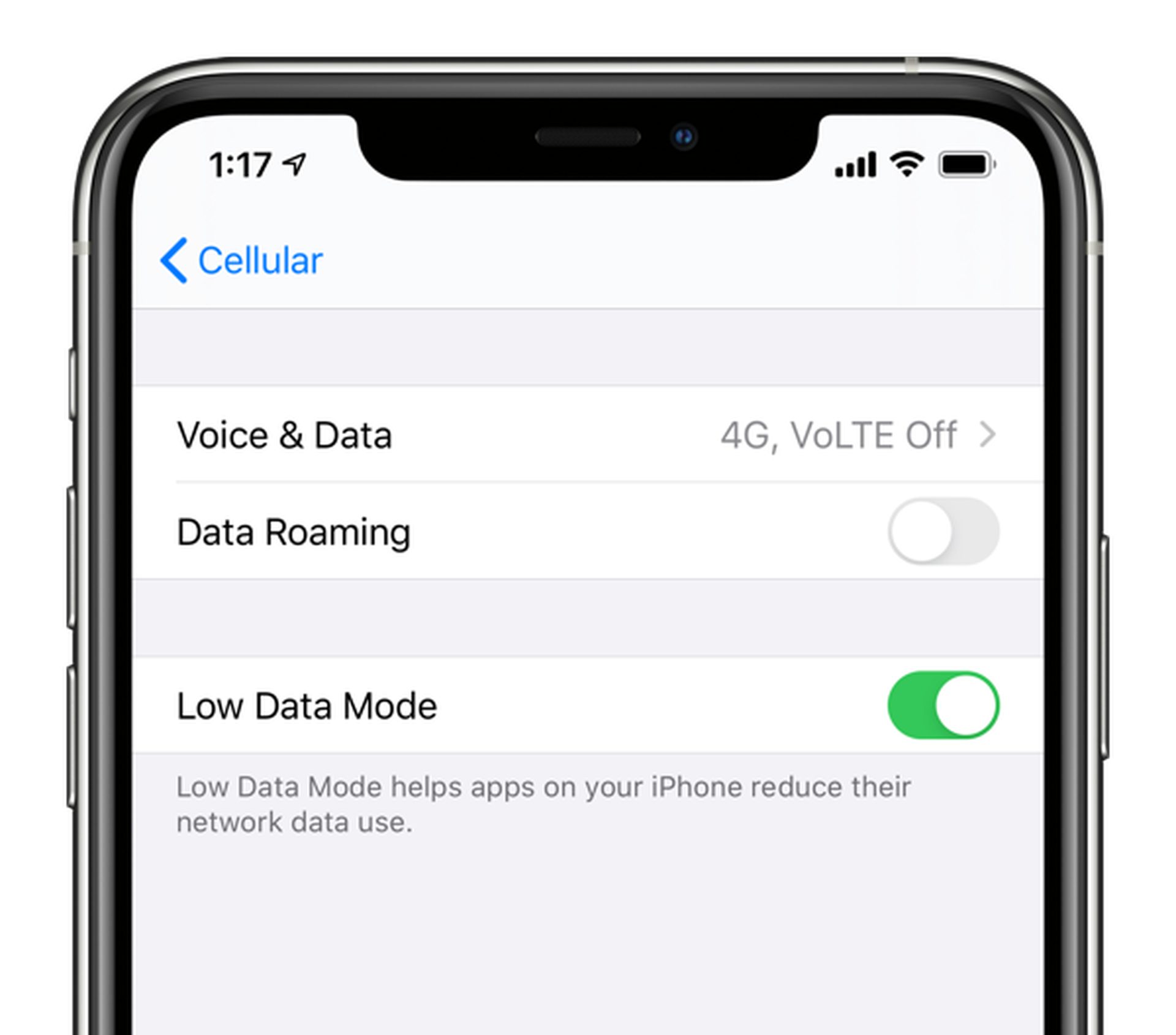 Como desligar/ligar o iPhone no modo de dados baixos?