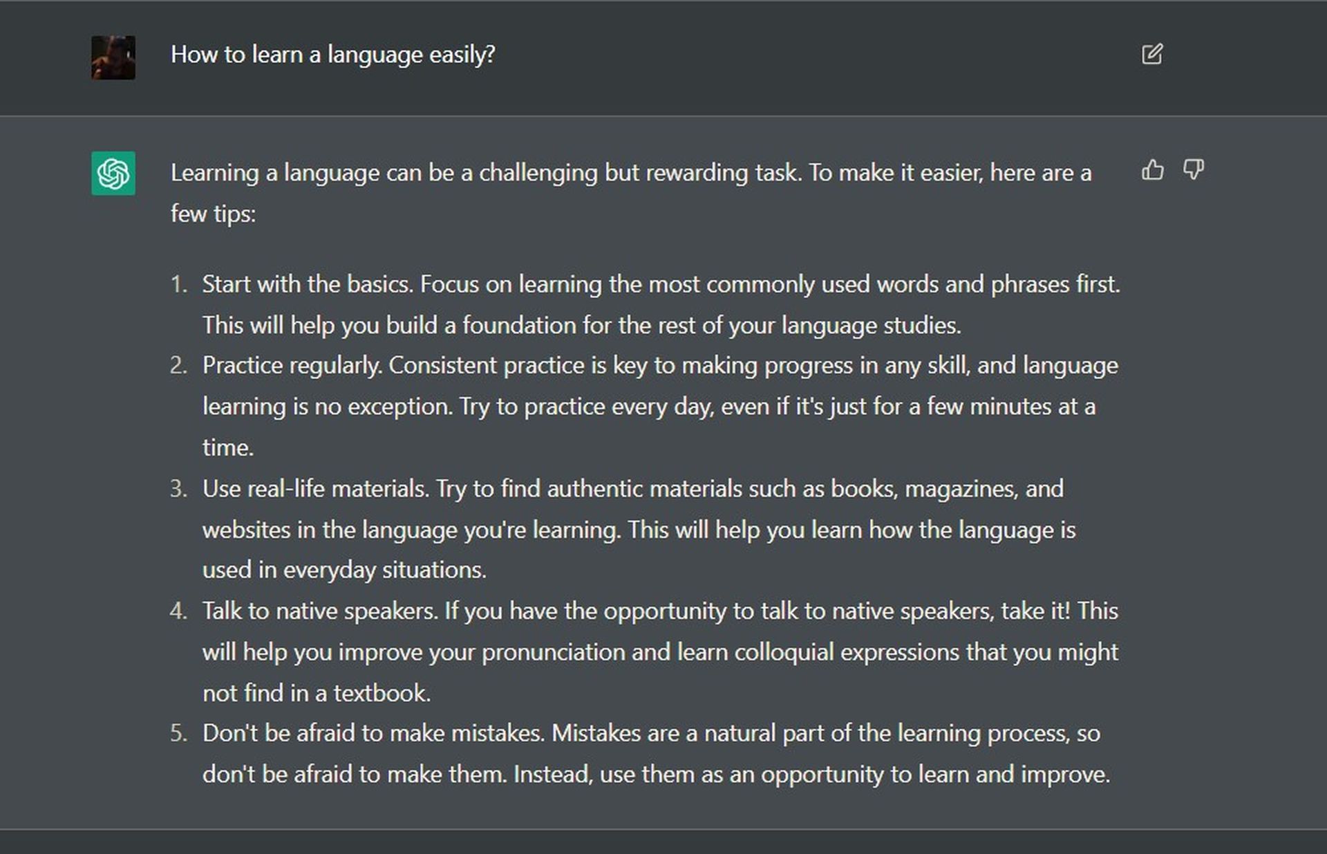 Asking ChatGPT for some tips on learning a new language