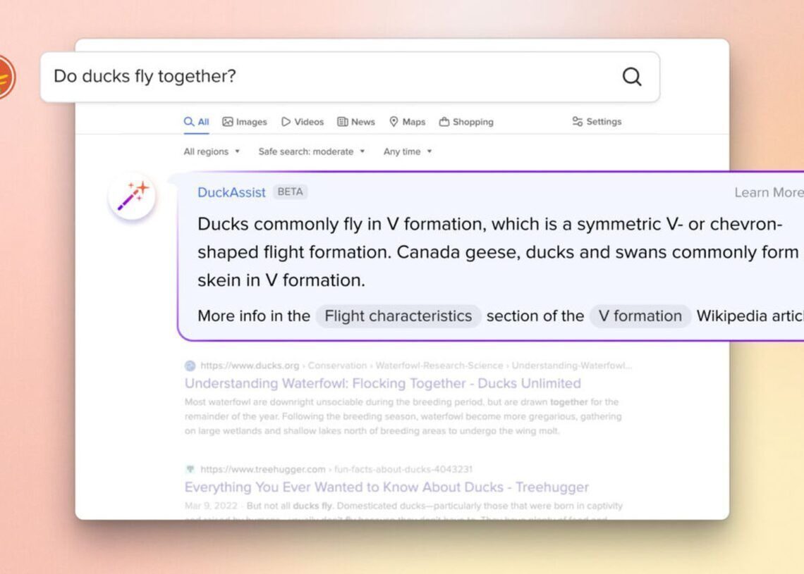 DuckDuckGo AI: DuckAssist can explain how ducks fly together, but…