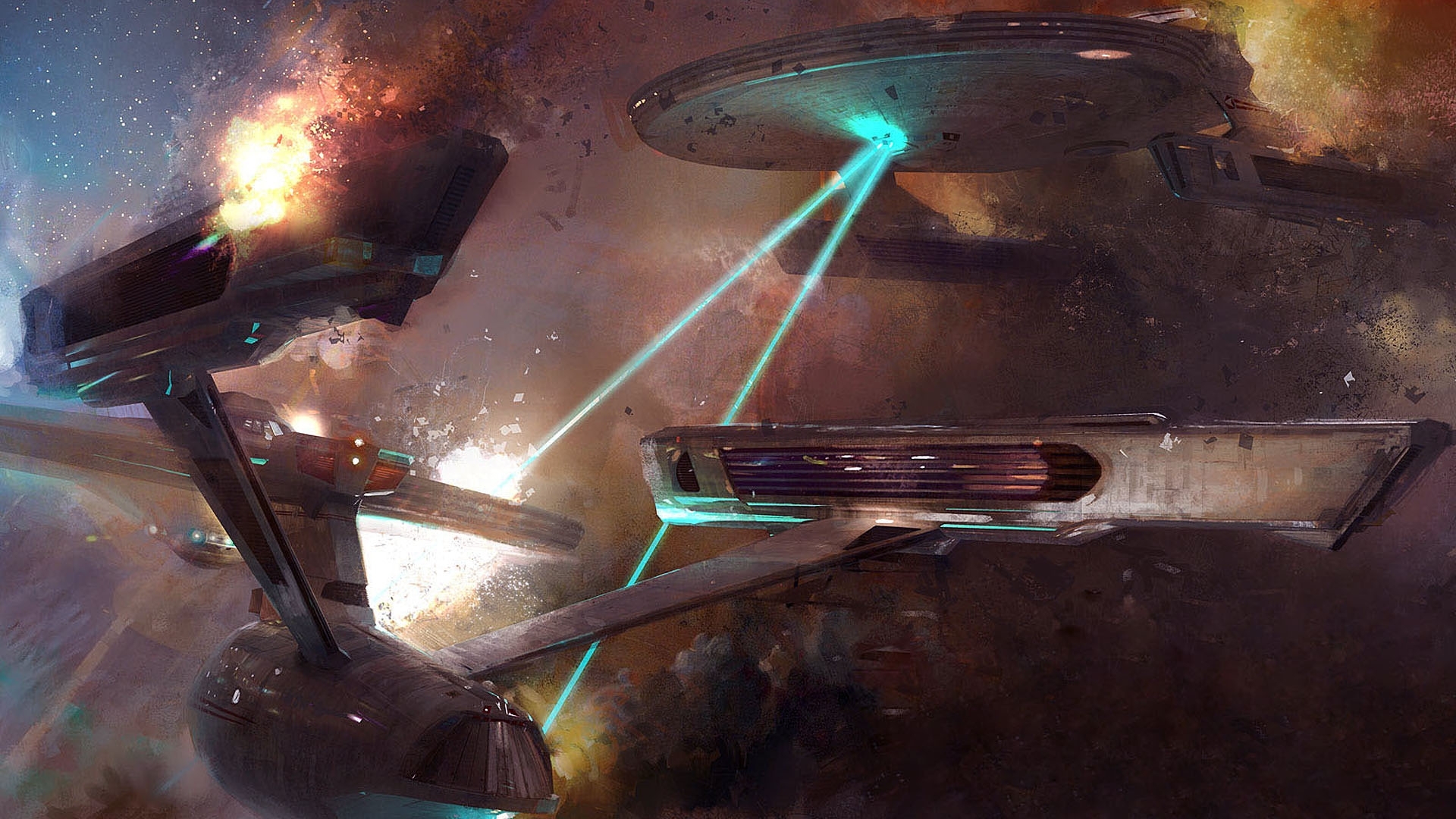 A depiction of a thrilling space battle between a Star Trek ship and an alien vessel.