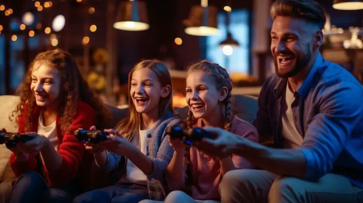A family having fun on their Playstation 5 | Generated via midjourney by @merasturdaenkeste