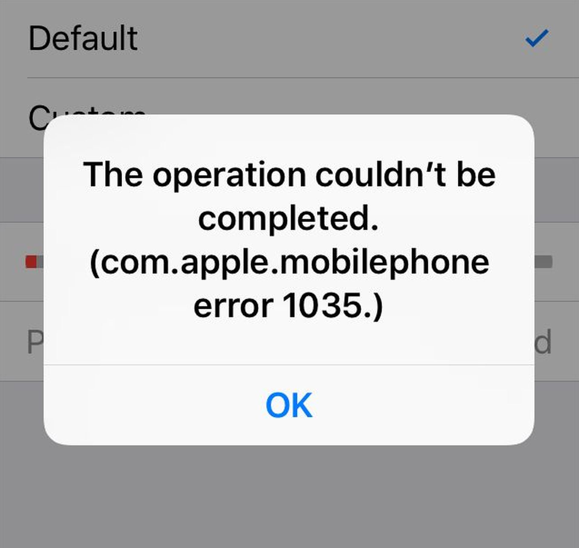 com.apple.mobilephone błąd 1035