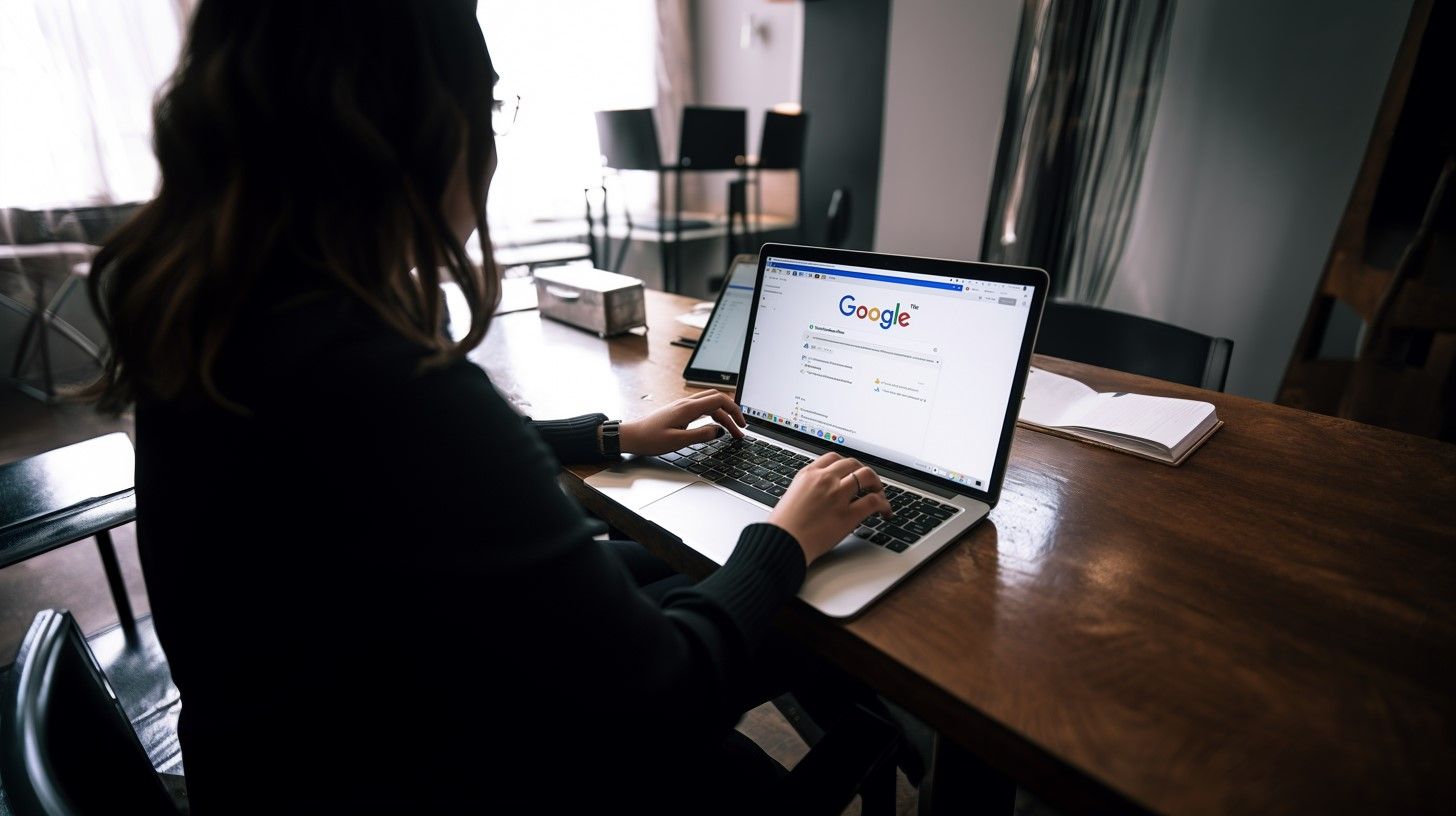 Женщина сидит перед ноутбуком и пишет "Google" на клавиатуре ноутбука.  она ищет в Интернете точный заголовок статьи.