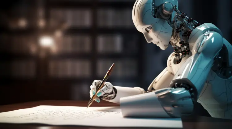An AI robot writing with a pen with left hand. the image is symbolizing robot's attempt to replace copywriters.