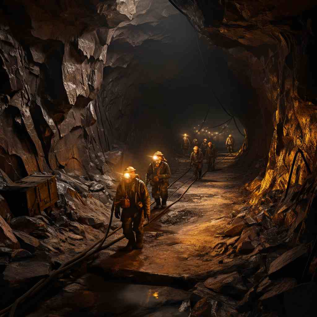 <em>Norway's phosphate discovery:</em> Captivating image showcasing the underground exploration of the phosphate reserves, with geologists navigating through dark tunnels, using headlamps and advanced technology to map out the intricate network of mineral-rich deposits—a scene that evokes mystery, adventure, and scientific discovery.