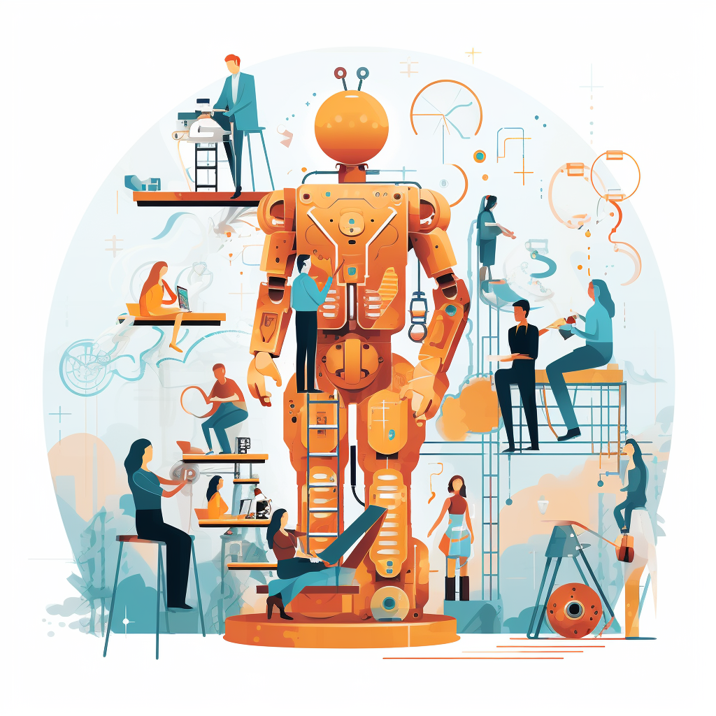 Obraz przedstawiający koncepcję równoważenia ekonomicznego wpływu przyjęcia sztucznej inteligencji w miejscu pracy.  Obraz przedstawia pracowników współpracujących z technologiami sztucznej inteligencji, wymieniających się umiejętnościami i wiedzą. 