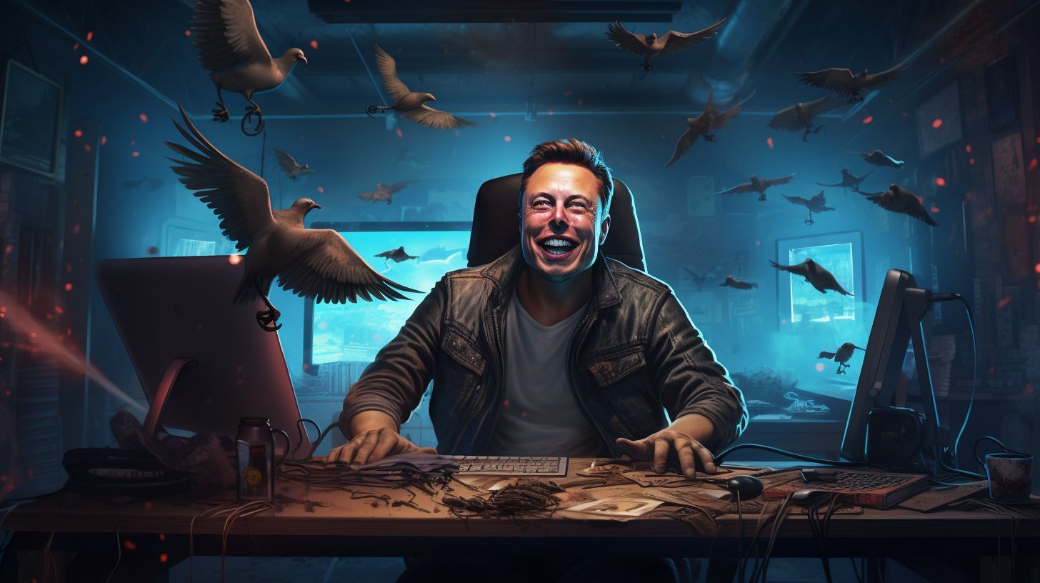 Elon Musk, depicted as an eccentric tech mogul, is sitting at a large desk in a Twitter office,