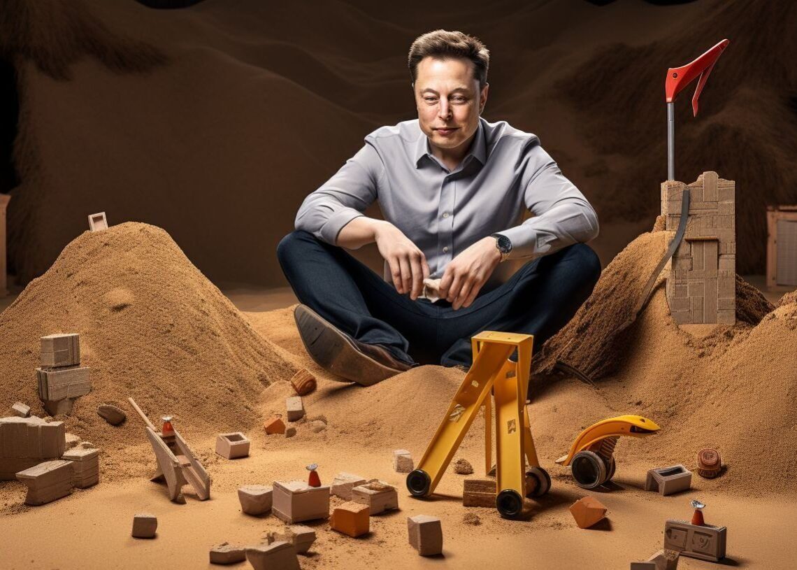 Elon Musk sitting in a sandbox, transforming the Twitter logo into various shapes, Musk is depicted as a child playing with toys, the environment is a child's playground with a large sandbox in the center, the mood is playful and slightly mocking, in the style of a realistic photograph, the photograph should be taken with a wide-angle lens to capture the entire scene, with a focus on Musk in the center,
