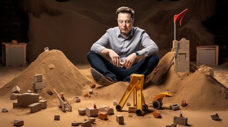 Elon Musk sitting in a sandbox, transforming the Twitter logo into various shapes, Musk is depicted as a child playing with toys, the environment is a child's playground with a large sandbox in the center, the mood is playful and slightly mocking, in the style of a realistic photograph, the photograph should be taken with a wide-angle lens to capture the entire scene, with a focus on Musk in the center,
