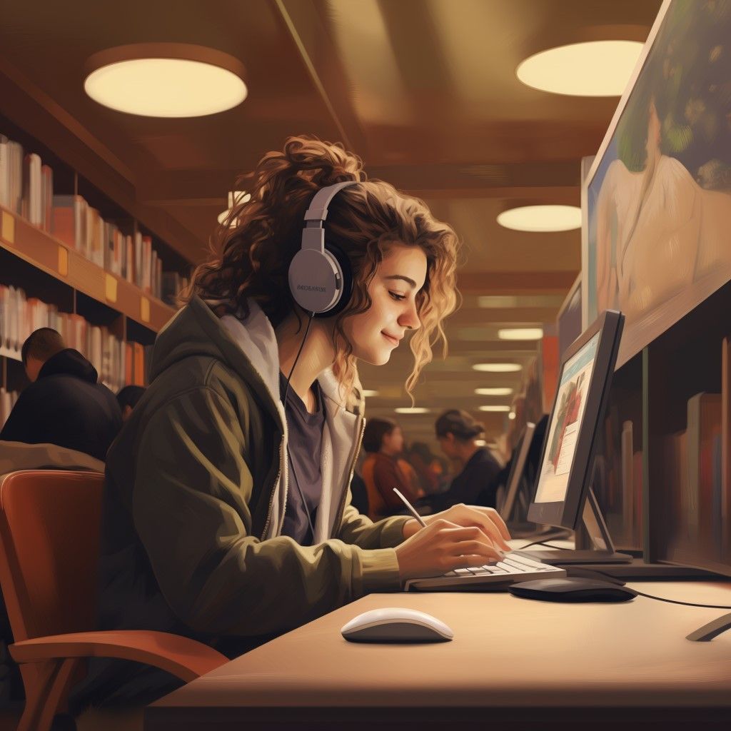 В публичной библиотеке молодая женщина сидит за одним из общедоступных компьютеров и читает статью.  У него хорошее настроение из-за того, что он добрался до статьи, которую искал. 