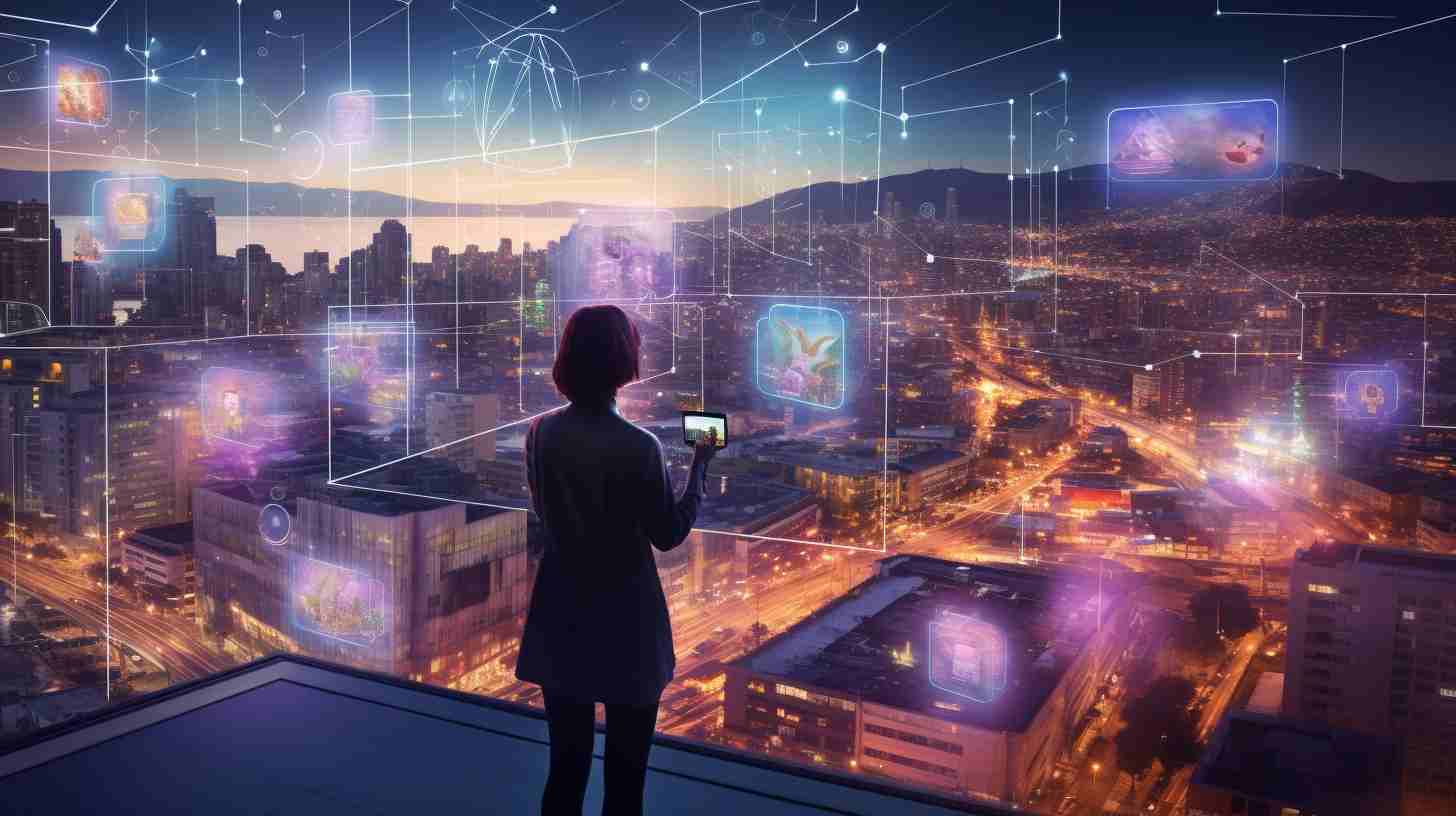 The image depicts a futuristic cityscape at dusk, with a large, holographic projection of the Threads social media application interface hovering above the city. The projection displays a variety of user posts, comments, and interactions, symbolizing the vast amount of user data that Threads handles. In the foreground, a figure stands on a rooftop, looking out over the city and the projection. This figure represents a strategic planner or a visionary, someone who is mapping out the future of Threads. They are holding a transparent, touch-sensitive device, which displays a detailed roadmap for Threads. The roadmap shows various milestones and objectives, representing the future challenges and goals that Threads aims to achieve. The cityscape below is illuminated with lights from buildings and digital billboards, suggesting a world that is highly connected and digital. This serves to emphasize the importance and influence of social media platforms like Threads in our future society. Overall, the image conveys a sense of anticipation and forward-thinking, reflecting the section's focus on planning for the future and the potential evolution of 'Threads' as a social media application. 