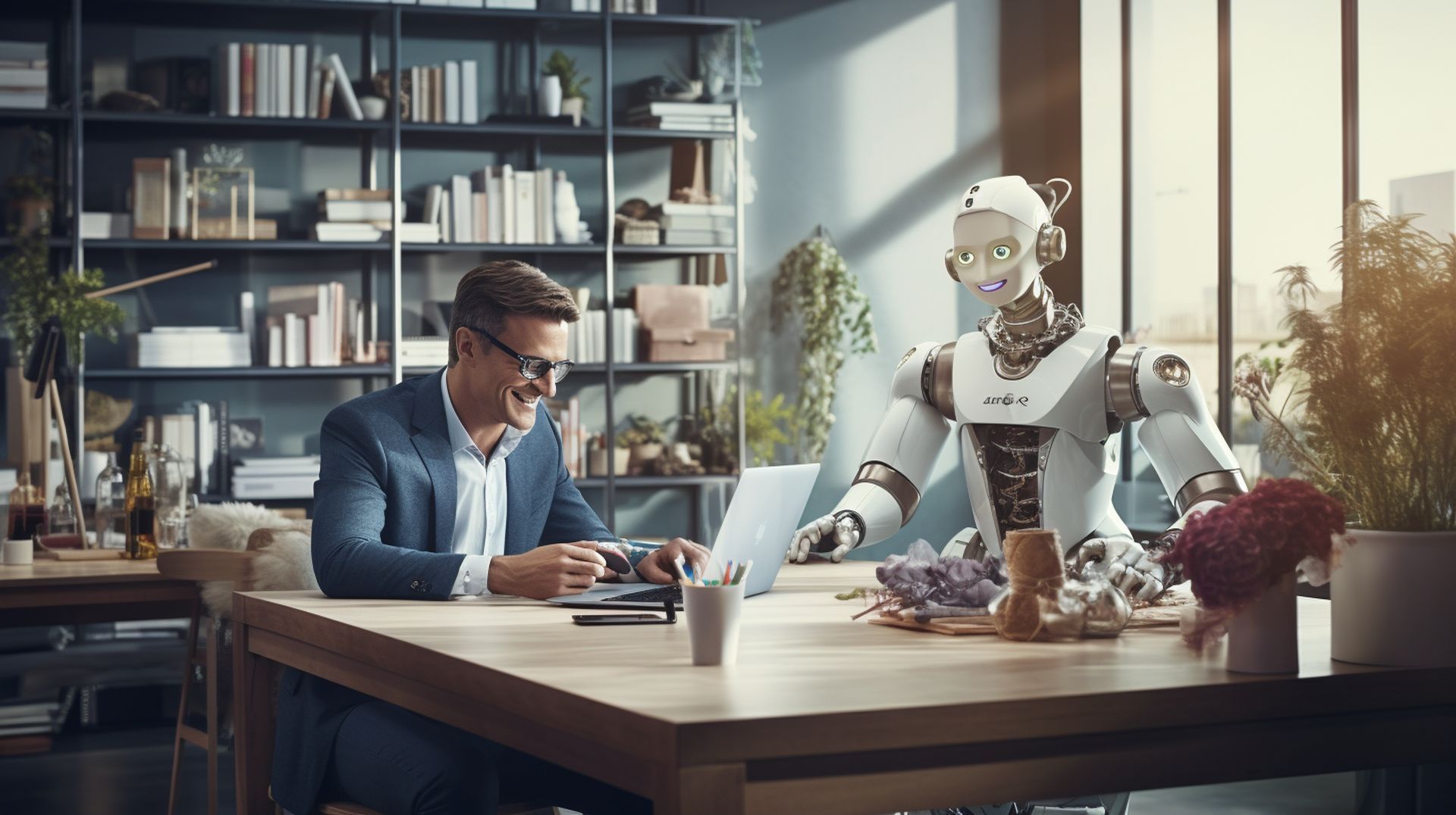 humans working together in a creative content agency. two robots helping them about what thay need. mood is happy, working