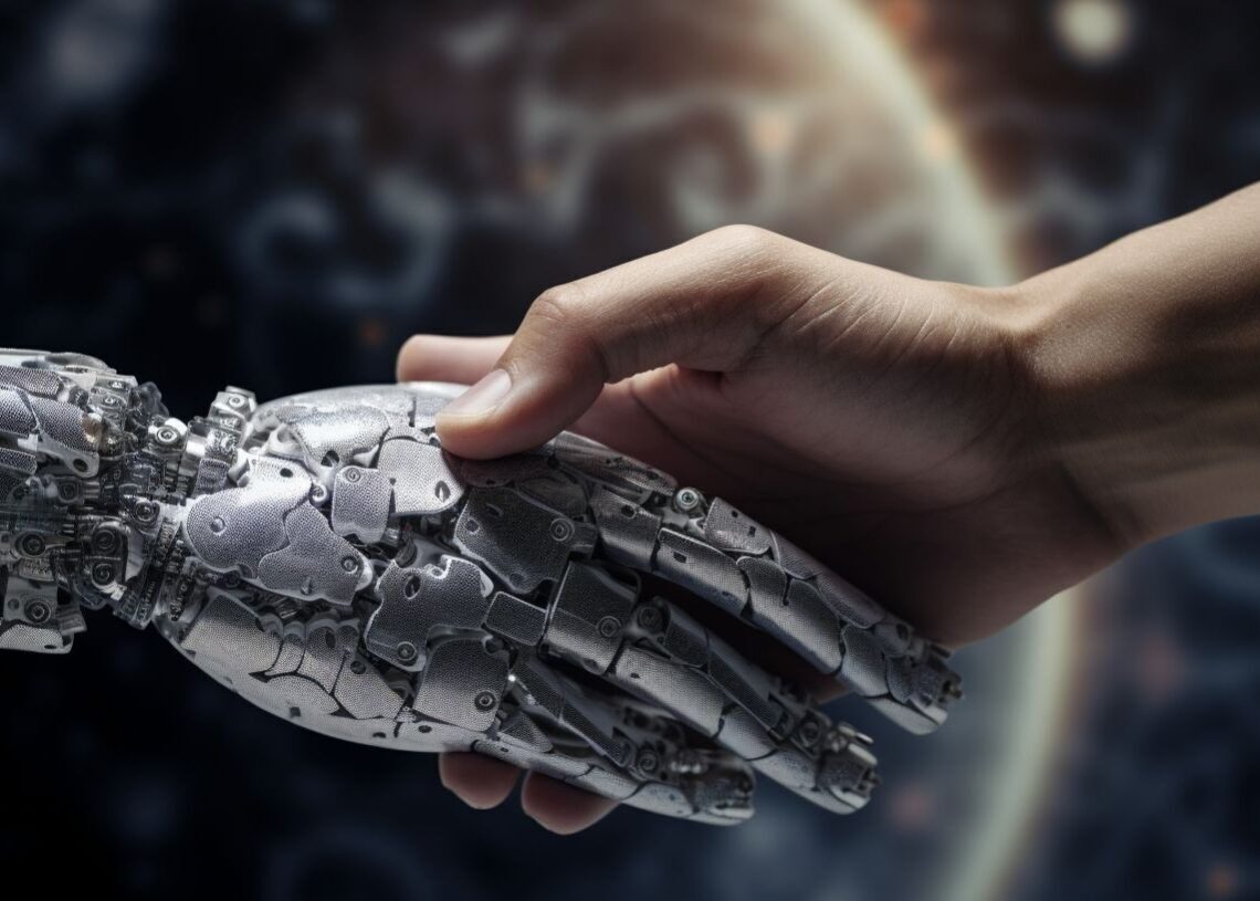 A close-up shot of a human hand and a robotic hand working together on a task, symbolizing collaboration and unity. The human hand is guiding the robotic hand, reflecting trust and synergy. The background is a modern industrial setting with tools and machinery. The mood is one of innovation, partnership, and the future of collaborative work.
