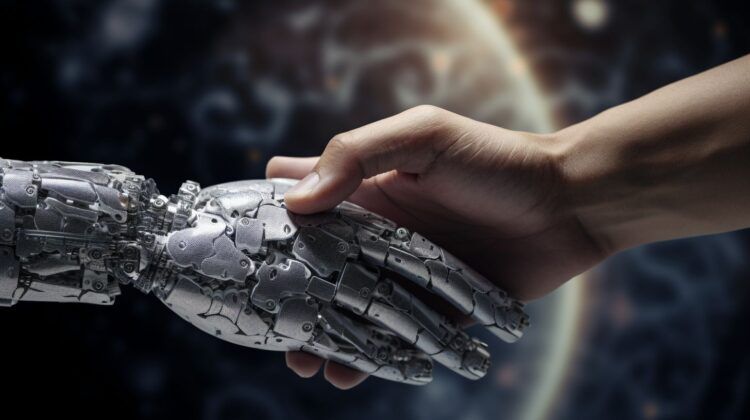 A close-up shot of a human hand and a robotic hand working together on a task, symbolizing collaboration and unity. The human hand is guiding the robotic hand, reflecting trust and synergy. The background is a modern industrial setting with tools and machinery. The mood is one of innovation, partnership, and the future of collaborative work.
