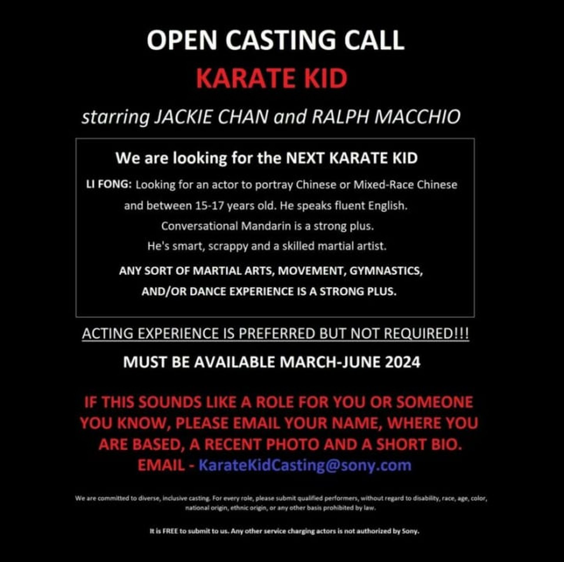 New Karate Kid casting call announced by Jackie Chan and Ralph Macchio