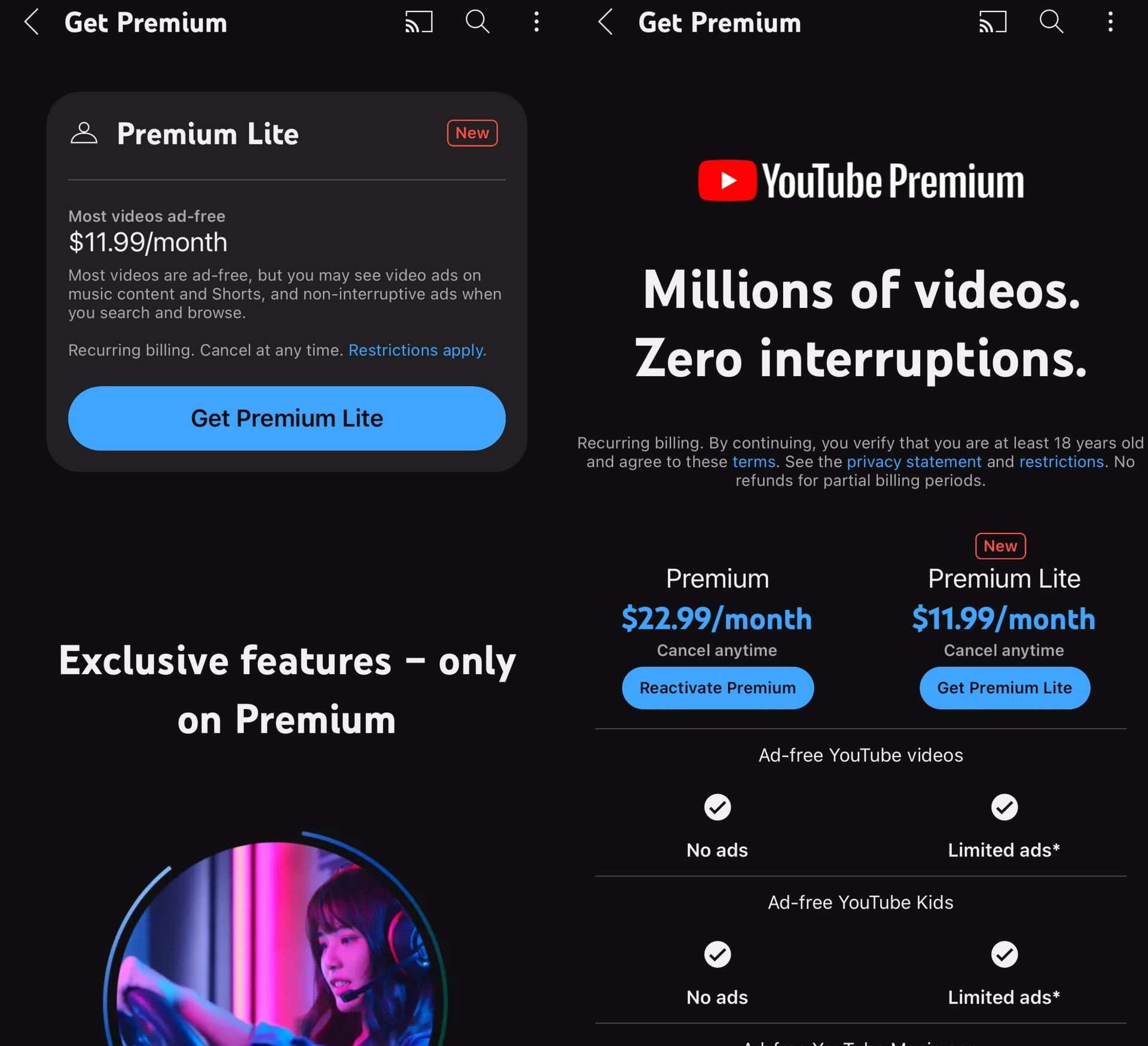 What's changed in YouTube Premium Lite?