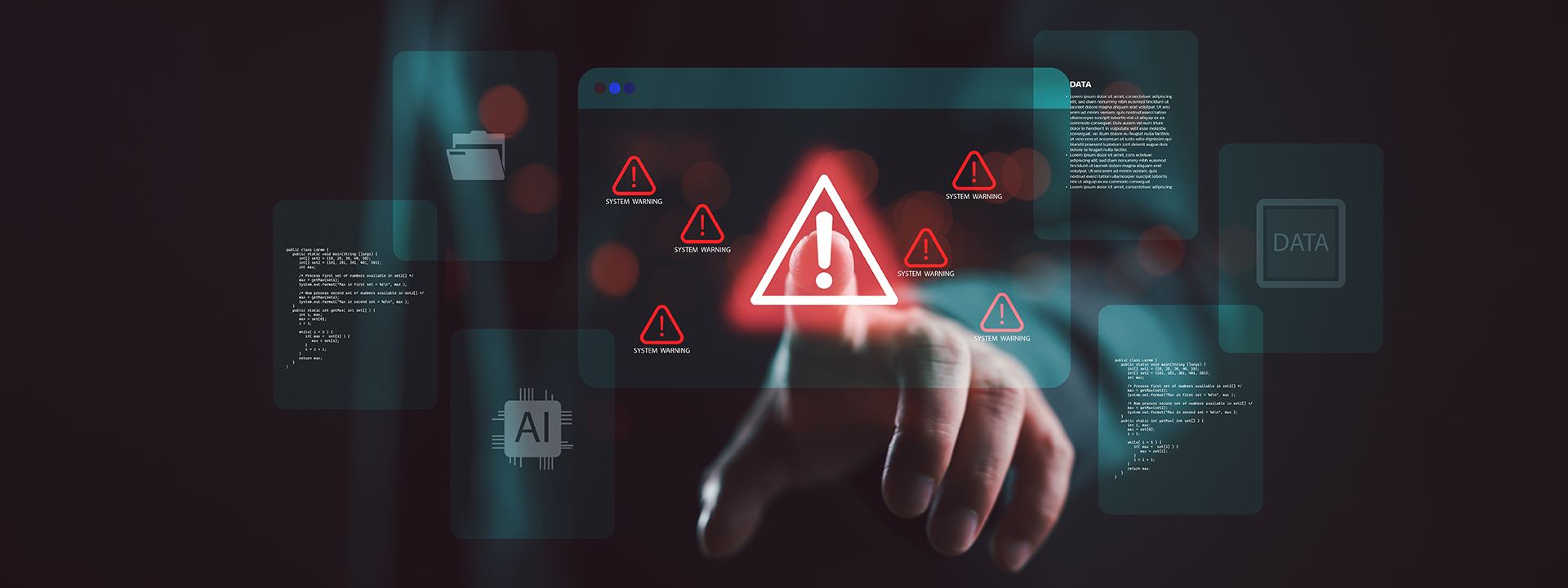 System Warning Alert On Virtual Interface With Hand Interaction. Concept Of Cybersecurity Risk, Data Breach, Malware, Hacking, IT Failure, And Digital System Vulnerability In Modern Technology.