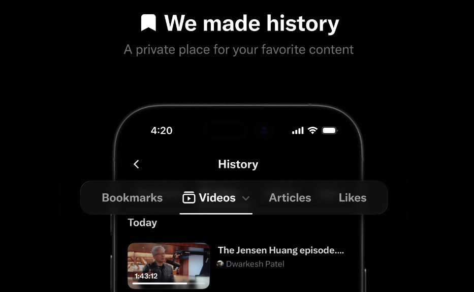 X launches private history tab for bookmarks
